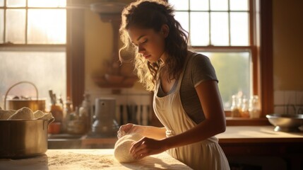 Girl kneads dough in bakery. Woman works as baker and makes bread. Vintage retro bakery interior. Production of natural eco-products. AI Generated