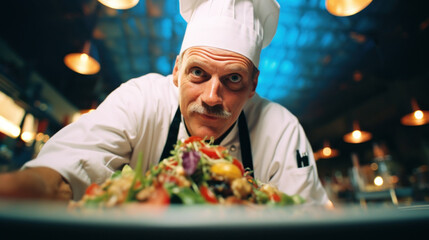 Chef man preparing food in professional kitchen