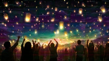 Fototapeta na wymiar A group of people release sky lanterns