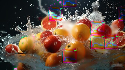 A lot of oranges, apples, strawberries falling into water