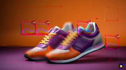 A side view of purple and orange trainers, sneakers Isolated on a flat backgroun