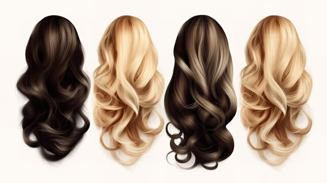 Brown, blonde and black hair on white background, Wavy long different curly hair