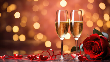 Two glasses of white wine on a table with a romantic ambiance, suggesting a celebration of a valentines day.