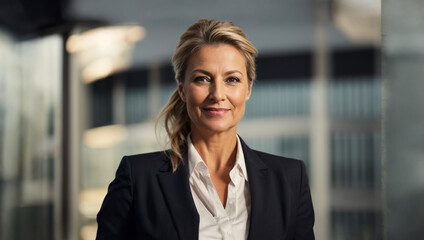 Happy middle aged business woman ceostanding in outside an office building . Smiling mature confident professional executive manager, proud lawyer, businessman leader