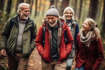 group of seniors hiking through the forest