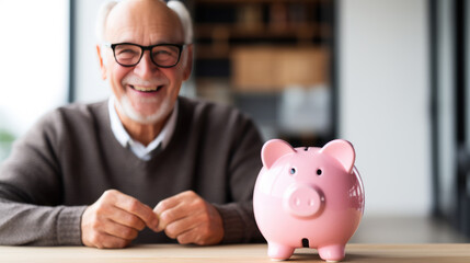 Joyful elderly man holding a pink piggybank, symbolizing financial security and the importance of savings, especially for retirement. - obrazy, fototapety, plakaty