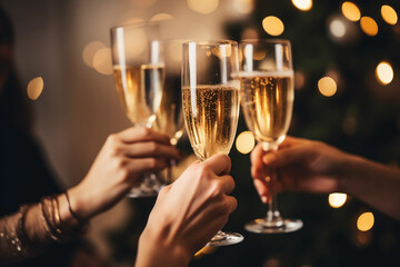 Close up of people clinking glasses with sparkling wine indoors 