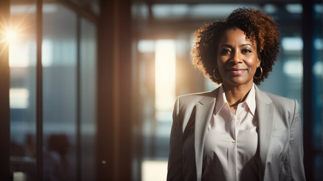 Happy middle aged business woman ceo tanding in outside an office building . Smiling black confident professional executive manager, proud lawyer, businessman leader