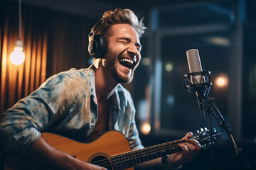 Leisure activity of young musician. He is singing a song and playing guitar in studio and live streaming. - obrazy, fototapety, plakaty