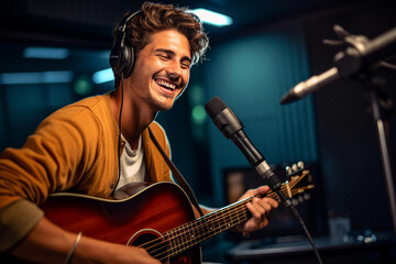 Leisure activity of young musician. He is singing a song and playing guitar in studio and live streaming.