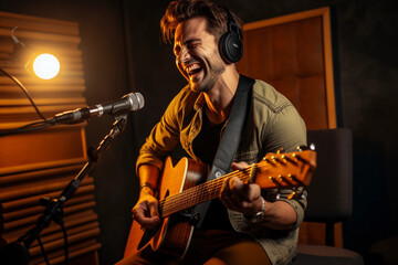 Leisure activity of young musician. He is singing a song and playing guitar in studio and live streaming.