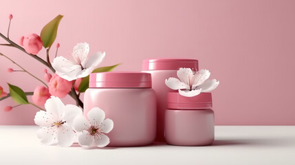 Natural organic eco cosmetics in open jars with blooming cherry flowers, beauty and SPA theme