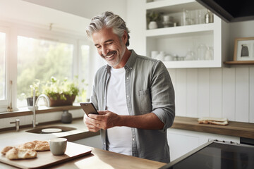 Senior man text messaging on mobile phone in the kitchen