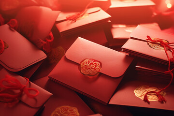 Flat lay chinese new year, Happy lunar festival, lunar new year, Chinese red golden envelope greeting gift card, Golden and red envelope with dragon symbol of the year of dragon imprinted