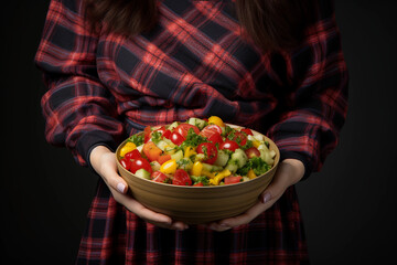 Woman holding healthy salad plate 