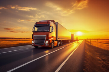 Fototapeta na wymiar Generic big trucks speeding on the highway at sunset - Transport industry concept , big truck containers.