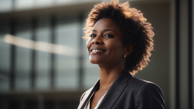 Happy middle aged business woman ceo tanding in outside an office building . Smiling mature confident professional executive manager, proud lawyer, businessman leader, space for text