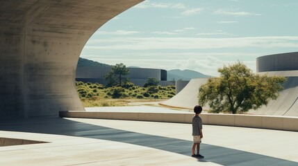A Young Boy Standing in Front of a Concrete Structure