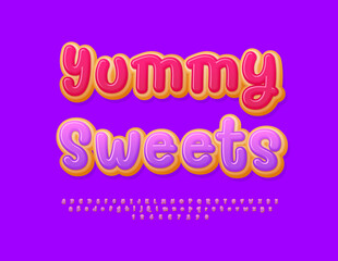 Vector delicious banner Yummy Sweets. Purple glazed Font. Cake set of Alphabet Letters and Numbers