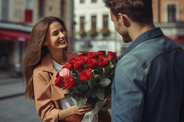 Young man gives bouquet of red roses to his beautiful girlfriend in the street,  she is surprised and happy 