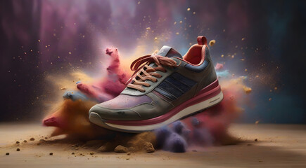 Sneakers on air with explosion of colorful dust