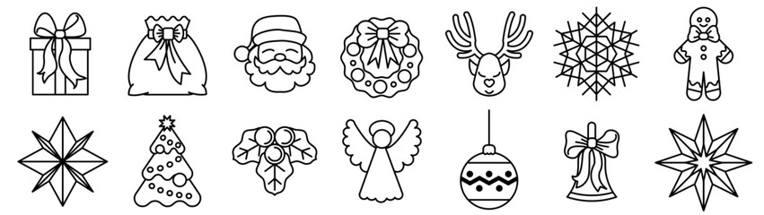 Set of vector icons related to Christmas decorations. Contains icons such as Christmas tree, Christmas wreath, gift bag, gingerbread, snowflake, bell and more. Vector