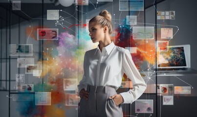 female of Advertising Agencies Show light contrast color background in abstract geometric elements with a matrix style Pivoting to Internet Marketing.