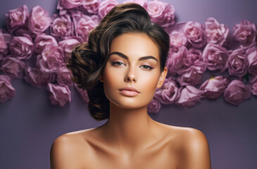 Naklejka premium A beautiful young woman with clean and fresh skin is touching her face with flowers during a girl facial treatment at a beauty and spa