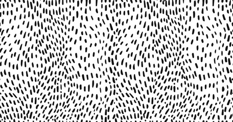 Small dash seamless pattern Dotted lines texture. Black and white hatching doodle organic shapes Short line dashes Brush hand drawn random strokes Fashion retro print design Vector Illustration - obrazy, fototapety, plakaty