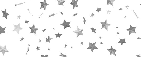 Abstract pattern of random falling silver stars on transparent background.