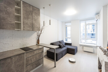 Close-up of luxury studio apartment in city centre. Light compact flat. Modern wooden kitchen with supplies. Microwave faucet and oven. Design and renovation concept