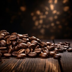 Roasted coffee beans on dark wooden table rustic style close-up with copyspace.
