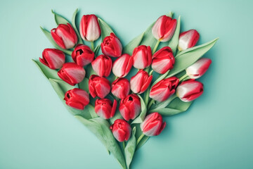 Beautiful red tulips laid out in heart shape, pastel green background. Postcard template Women's Day, Nurse's Day