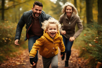 A blonde boy dressed in a yellow anorak runs carefree and happy through a forest with autumn colors while his parents try to catch him. Rural getaway and entertainment concept. Ai generated