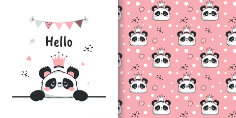 Cute seamless panda bear pattern. Girl. Vector texture for baby bedding, fabric, wallpaper, wrapping paper and more - obrazy, fototapety, plakaty