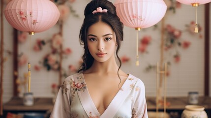 Naklejka premium Woman in Kimono Standing in Front of Pink Lanterns