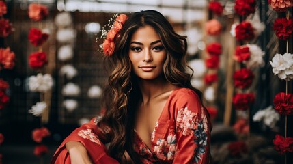 Fototapeta premium Woman with Long Hair in a Red Dress Standing in a Field