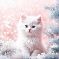Soft New Year's background. Clean pastel tones, glitter, Christmas balls, kittens.