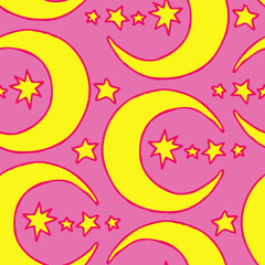 Starry night seamless pattern with moon, stars and clouds. Boho style decorative background for wallpaper, digital paper, wrapping design, fashion fabric, textile print. Hand drawn illustration.