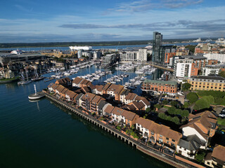 Ocean Village Marina Southampton aerial side view on a calm sunny morning