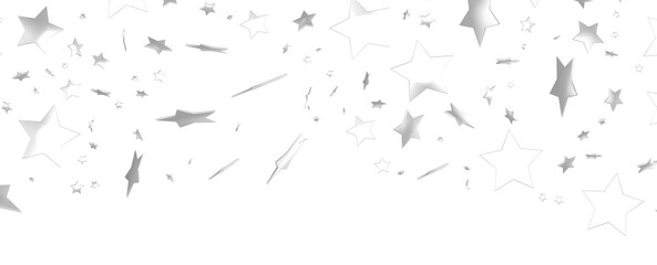 Abstract pattern of random falling silver stars on transparent background.