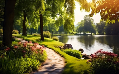 Fototapeta premium Wonderful colorful summer spring characteristic scene with a lake in Stop encompassed by green foliage of trees in daylight and stone was in frontal area