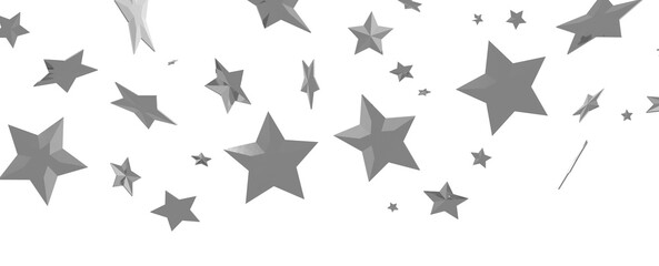 Abstract pattern of random falling silver stars on transparent background.