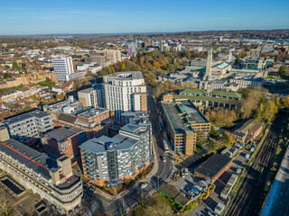 Southampton modern apartments and office building in city center view from railway station high altitude aerial
