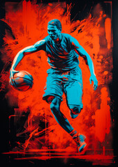 Fototapeta na wymiar Turquoise Slam: A vibrant pop art depiction of a basketball player in dynamic motion, capturing energy and athleticism. Generated AI.