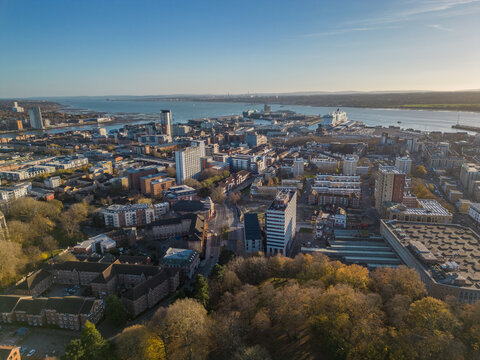 Southampton city center in autumn. aerial view from public park towards Southampton Cruise ship terminal