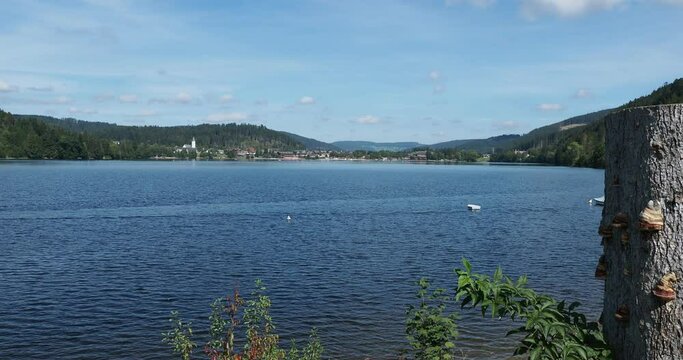 Titisee im s&uuml;dlichen Schwarzwald in Baden-W&uuml;rttemberg. Blick auf das Zentrum von Titisee-Neustadt vom S&uuml;dufer (Seerundweg)