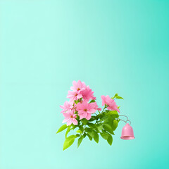 Naklejka na ściany i meble Pink bell with pink summer flowers and green leaves against pastel blue background. Copy space. Minimal nature concept.