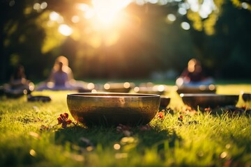 Collective practice with Tibetan singing bowls on meadow on sunset, blur background. Selective focus. - obrazy, fototapety, plakaty