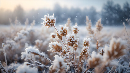 Winter landscape with frost-covered dry plants.